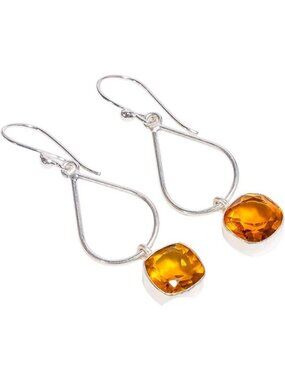 Citrine Cushion Cut Natural Gemstone Dangle Earrings 10x10mm 925 Silver